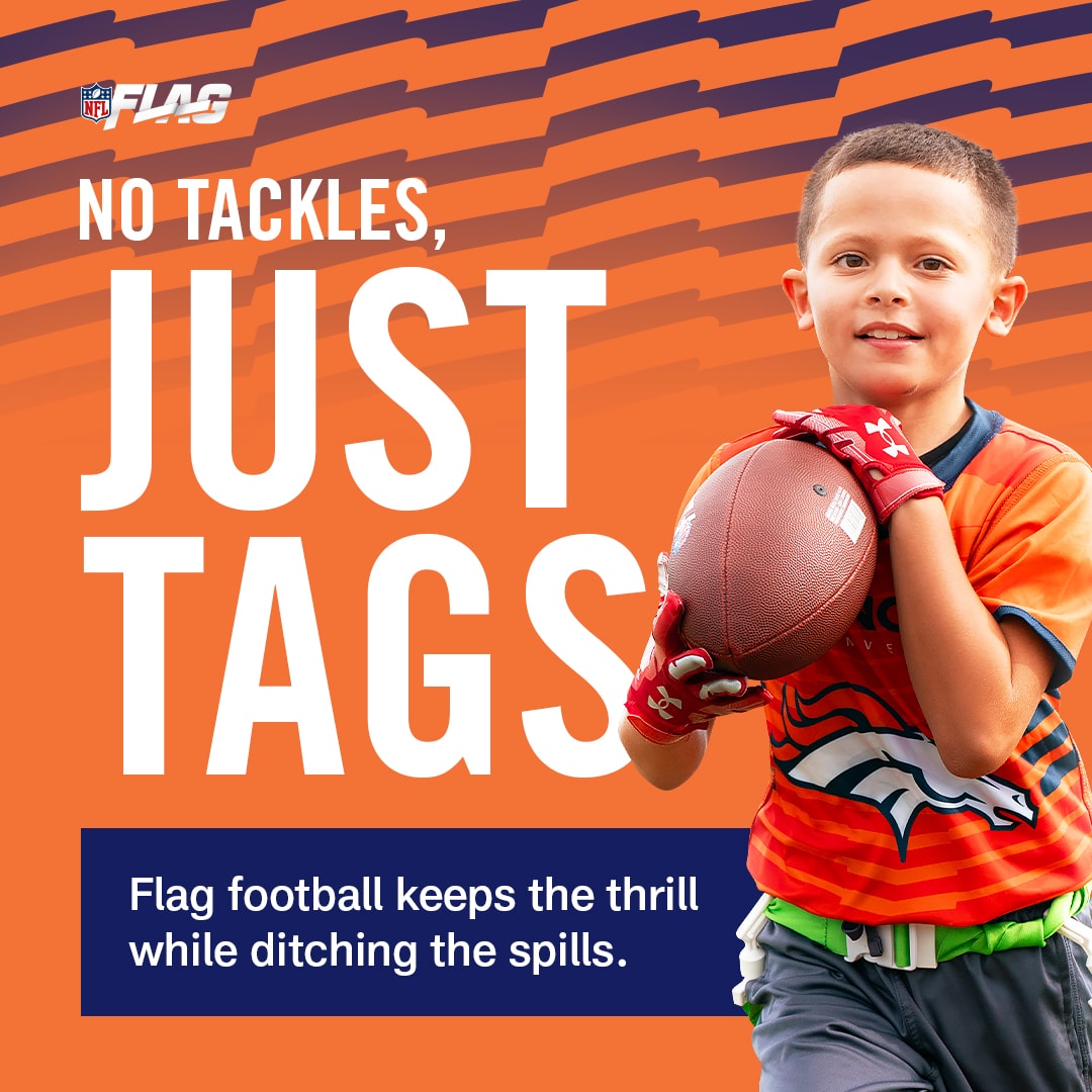 NFL FLAG graphic showing that flag football uses tags instead of tackles