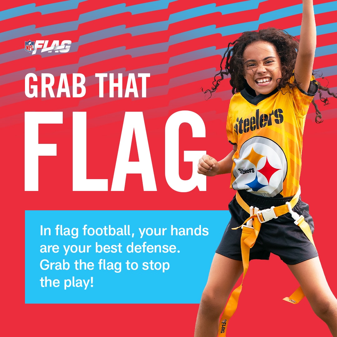 NFL FLAG graphic showing flag pulling as the way to stop a play